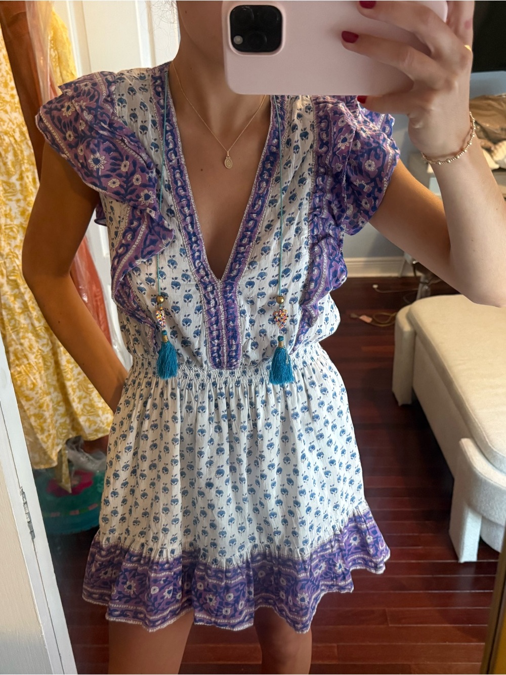 Biba White Mini Dress with Blue Floral Print and Purple Trim